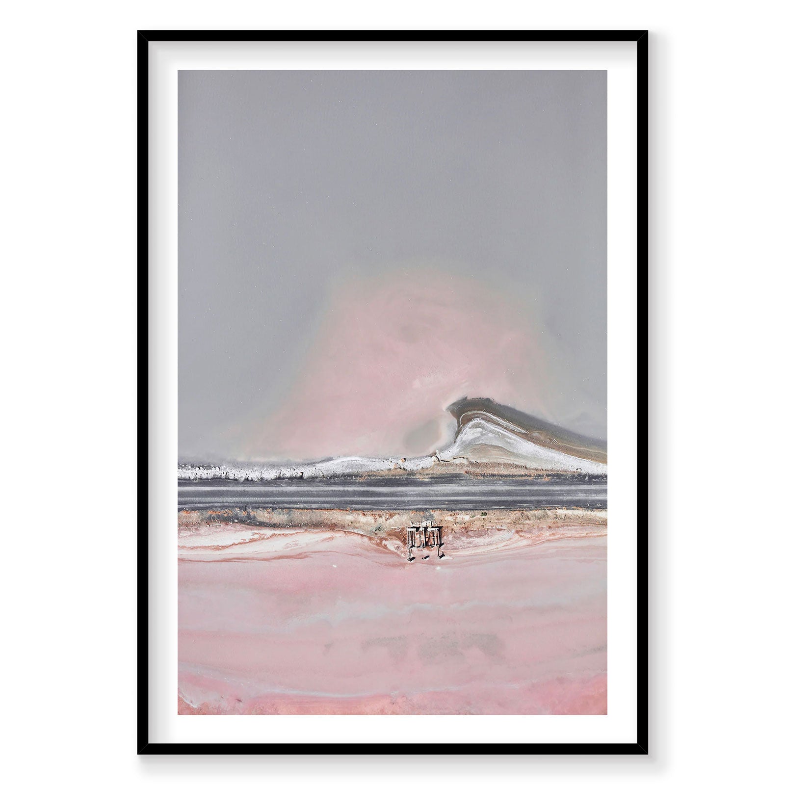 Aerial view of pastel pink Great Salt Lake with mountain backdrop, photography print by Remy Gerega