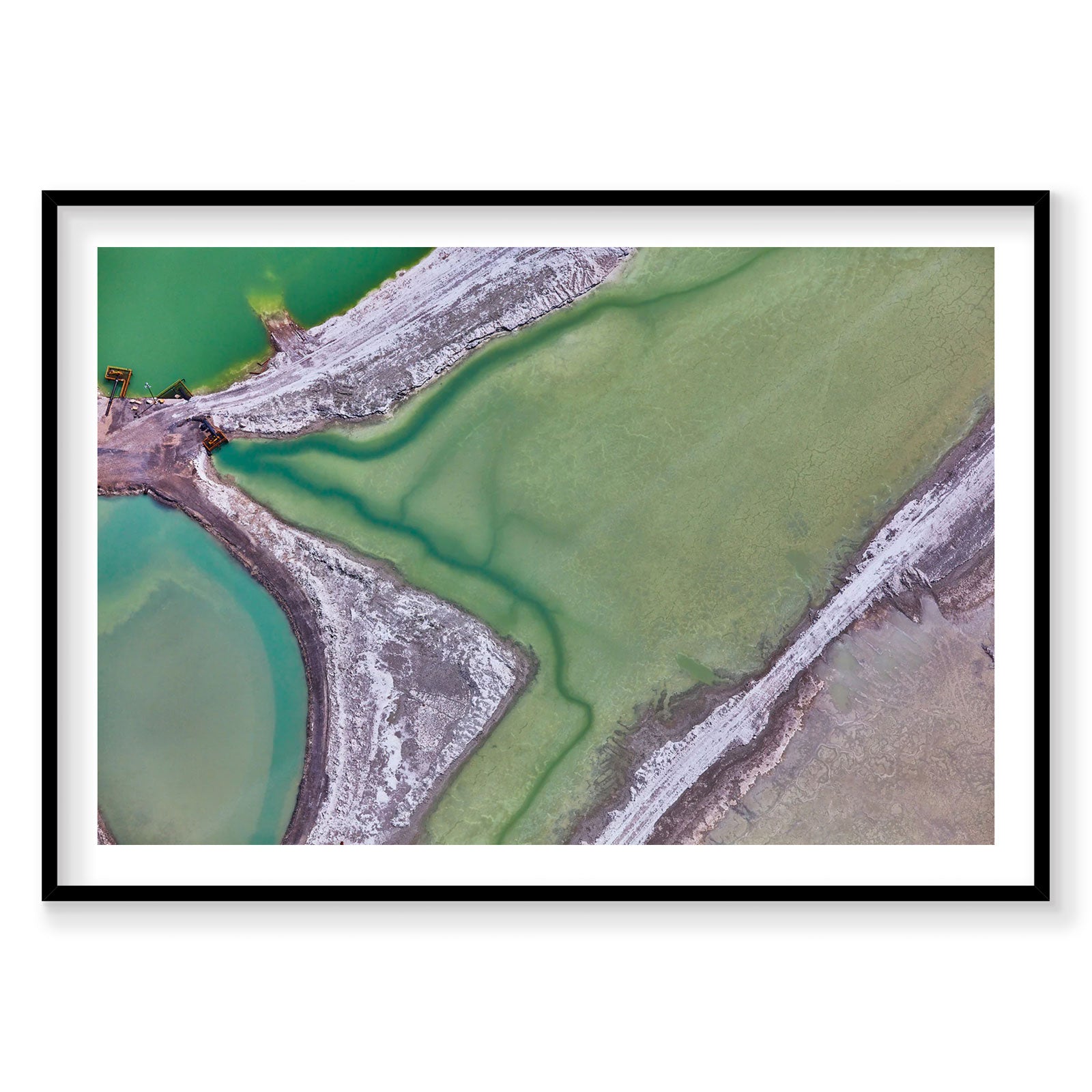 Aerial view of sulfide minerals in turquoise and green waters at Great Salt Lake, photography print by Remy Gerega