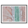 Aerial view of Great Salt Lake with turquoise water and pink mineral deposits, photography print by Remy Gerega