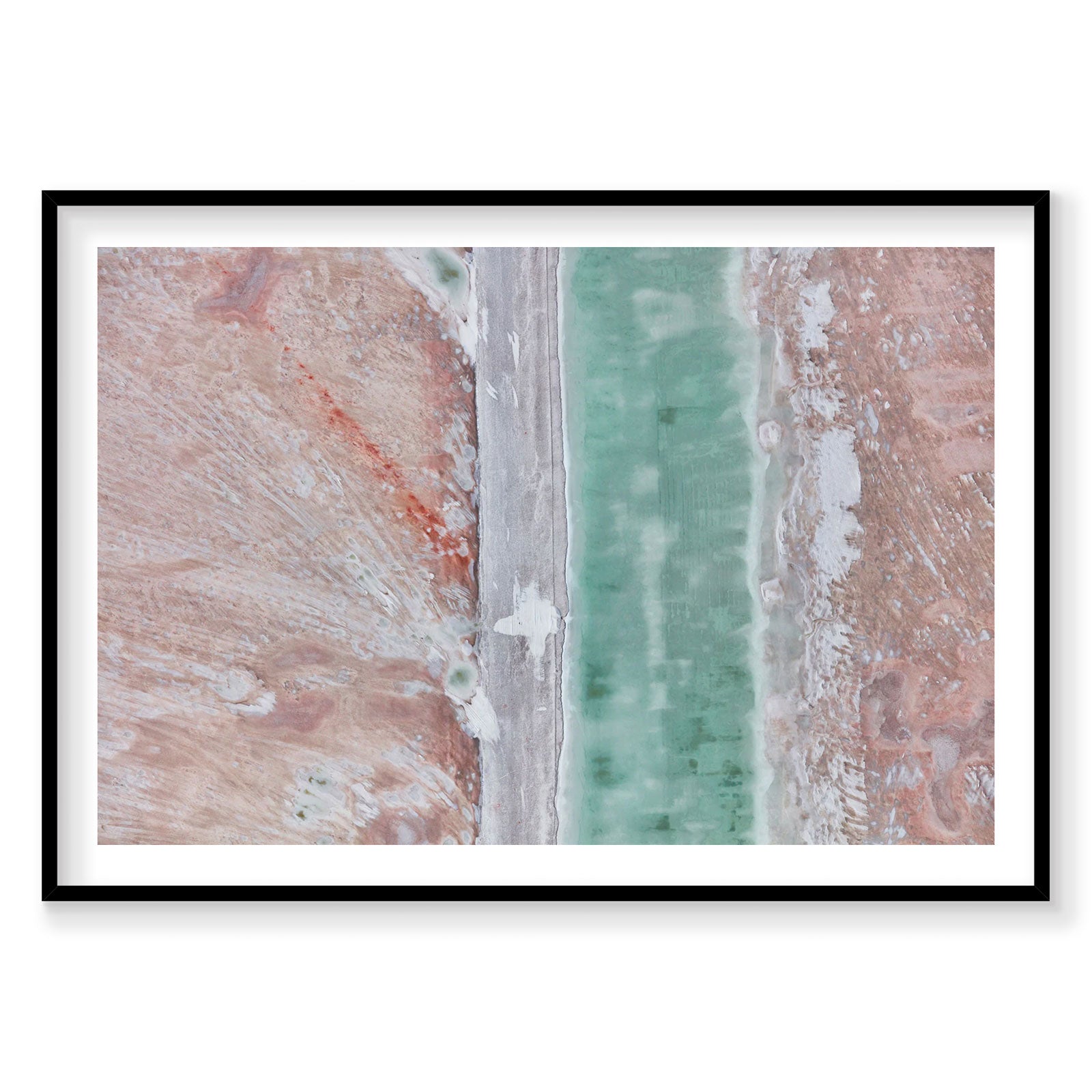 Aerial view of Great Salt Lake with turquoise water and pink mineral deposits, photography print by Remy Gerega