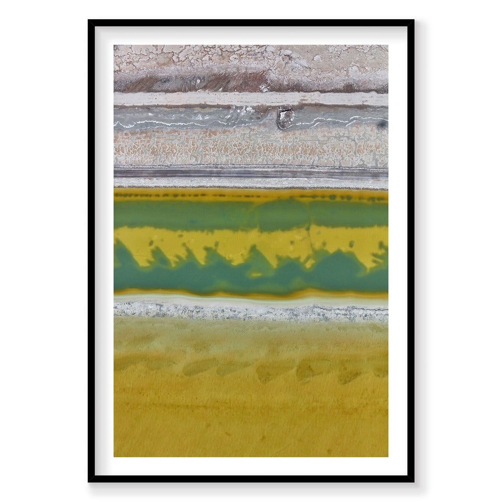 Aerial view of Great Salt Lake brine pools with vibrant yellow and green mineral layers, photography print by Remy Gerega