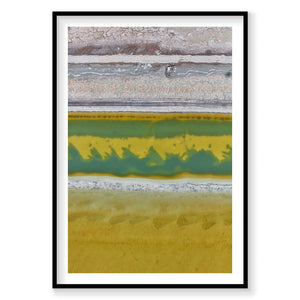 Aerial view of Great Salt Lake brine pools with vibrant yellow and green mineral layers, photography print by Remy Gerega