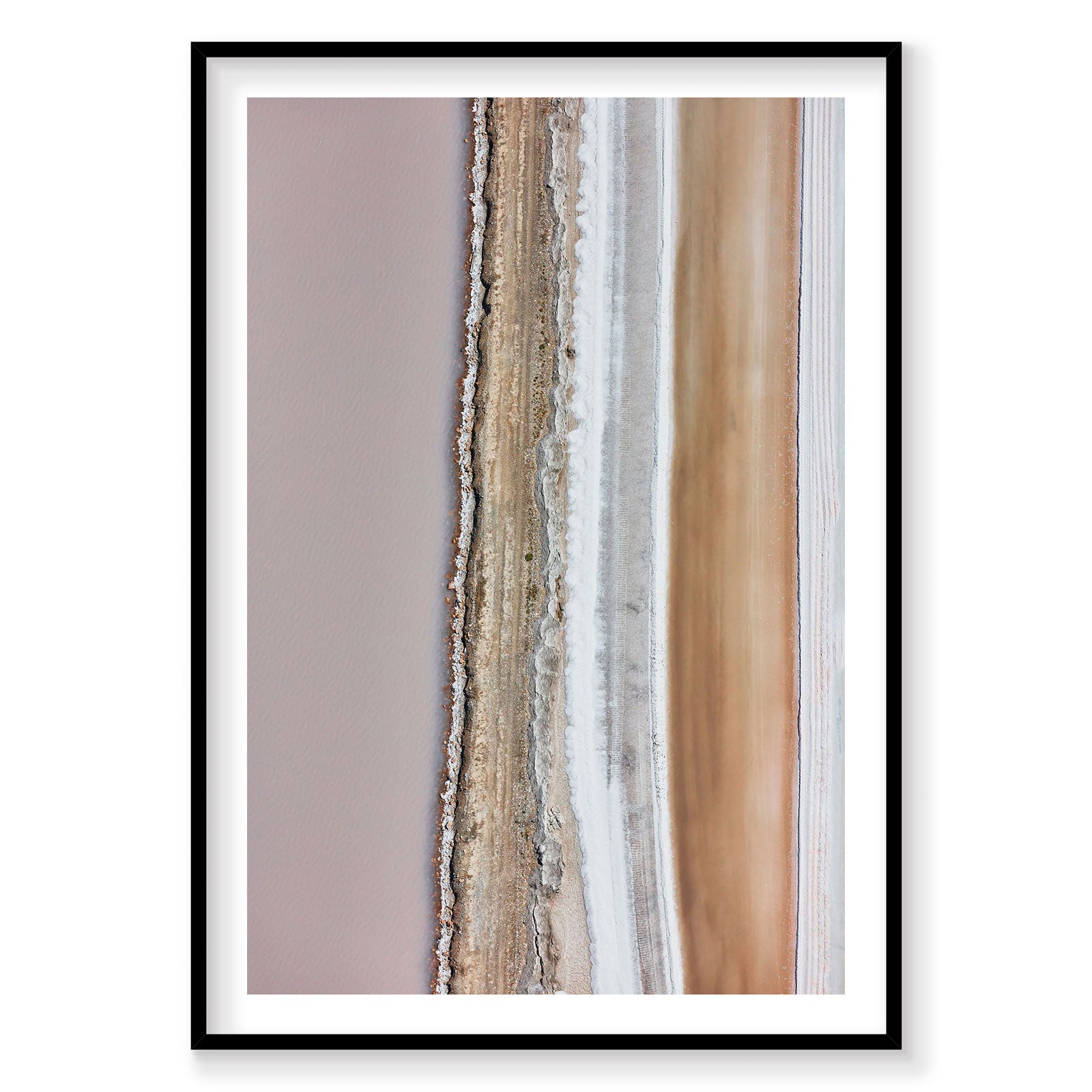 Aerial view of Great Salt Lake with pink and beige mineral layers, photography print by Remy Gerega