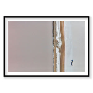 Aerial view of Great Salt Lake with solitary figure on white salt flat, photography print by Remy Gerega