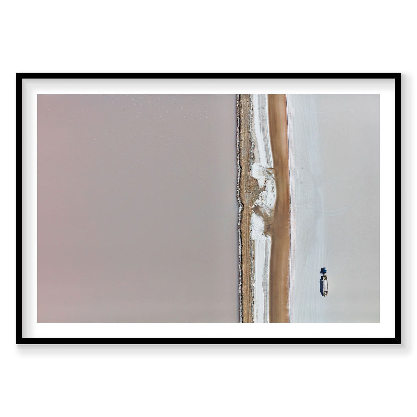 Aerial view of Great Salt Lake with solitary figure on white salt flat, photography print by Remy Gerega