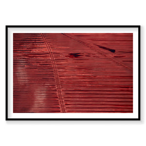Aerial view of red agricultural fields with linear patterns, Western Australia, photography print by Remy Gerega