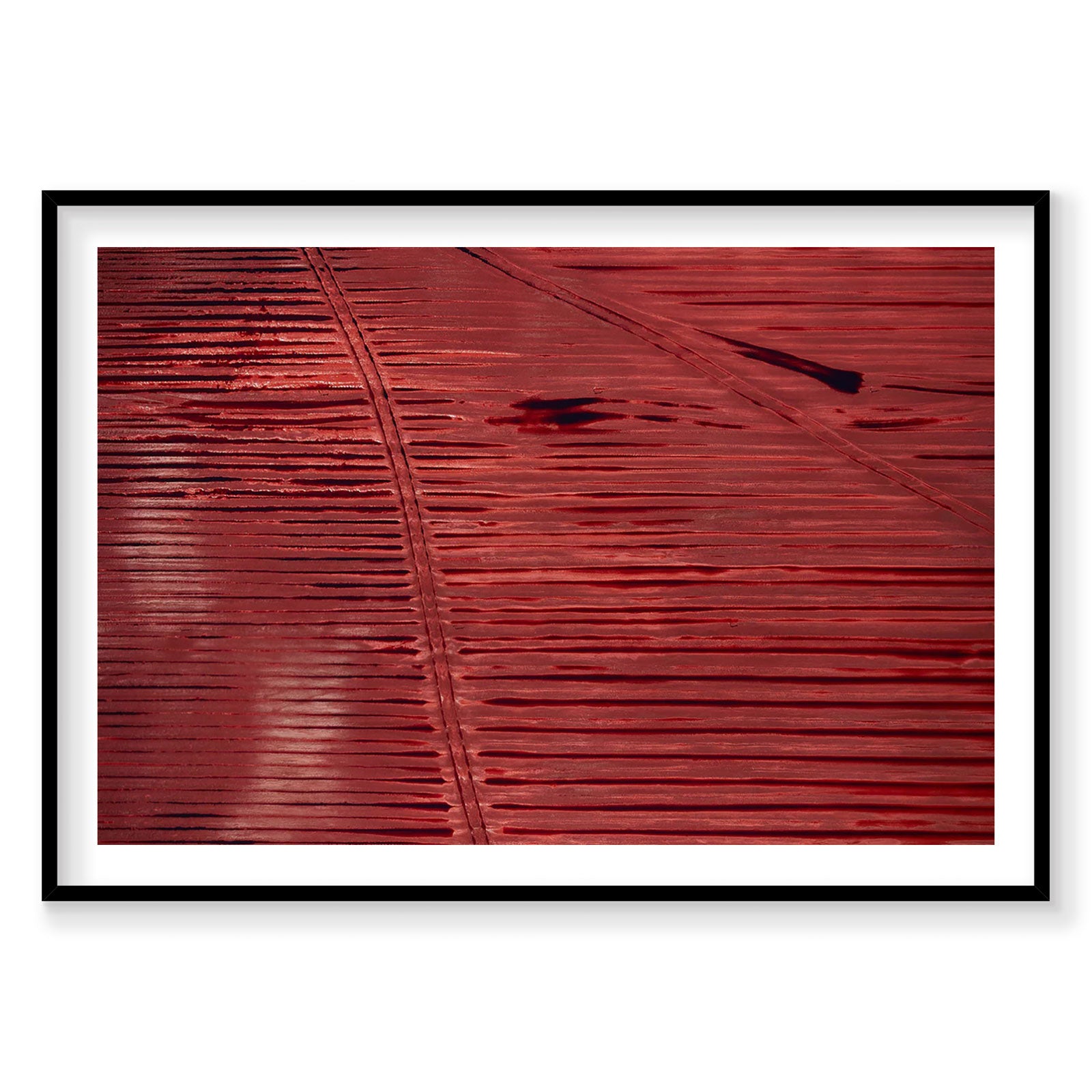 Aerial view of red agricultural fields with linear patterns, Western Australia, photography print by Remy Gerega