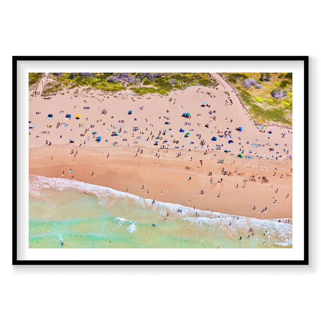Aerial view of Freshwater Beach with turquoise water, golden sand, and colorful umbrellas, photography print by Remy Gerega