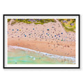 Aerial view of Freshwater Beach with turquoise water, golden sand, and colorful umbrellas, photography print by Remy Gerega
