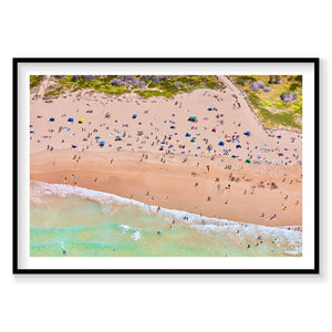 Aerial view of Freshwater Beach with turquoise water, golden sand, and colorful umbrellas, photography print by Remy Gerega
