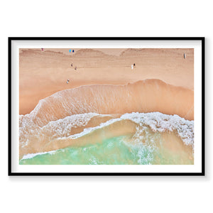 Aerial view of Curl Curl Beach with turquoise waves and golden sand, photography print by Remy Gerega