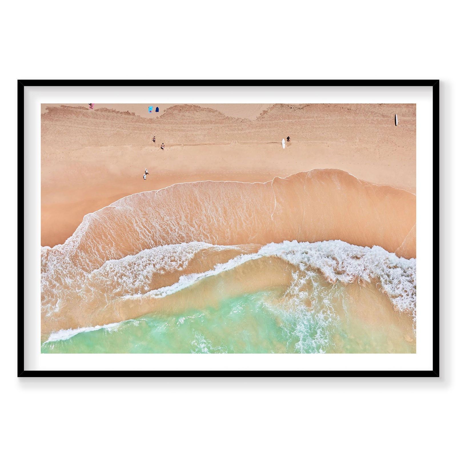 Aerial view of Curl Curl Beach with turquoise waves and golden sand, photography print by Remy Gerega