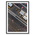 Aerial view of industrial loading zone with yellow line markings, trucks, and containers at Botany Bay, photography print ...