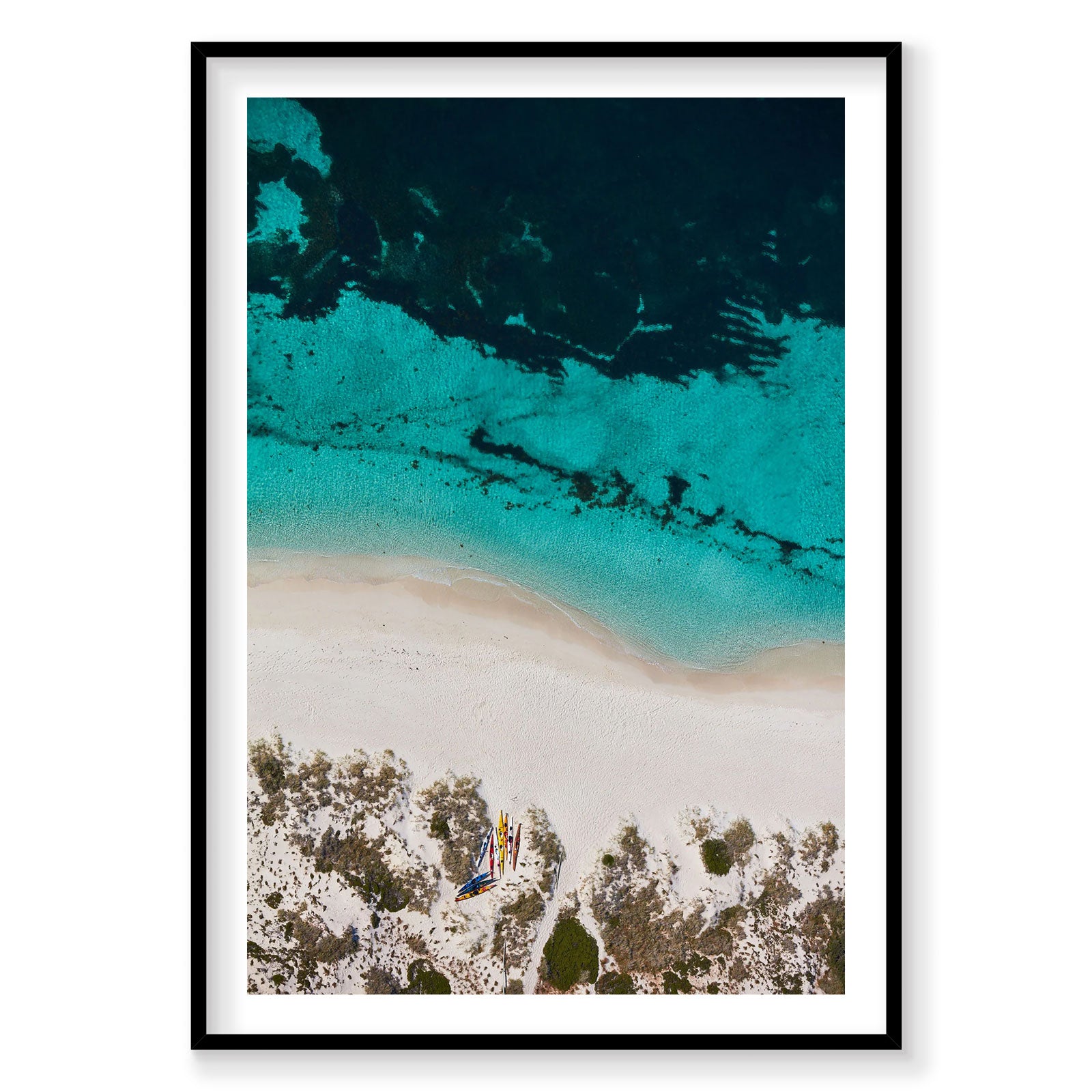 Aerial view of kayak on turquoise waters at Rottnest Island Western Australia, photography print by Remy Gerega