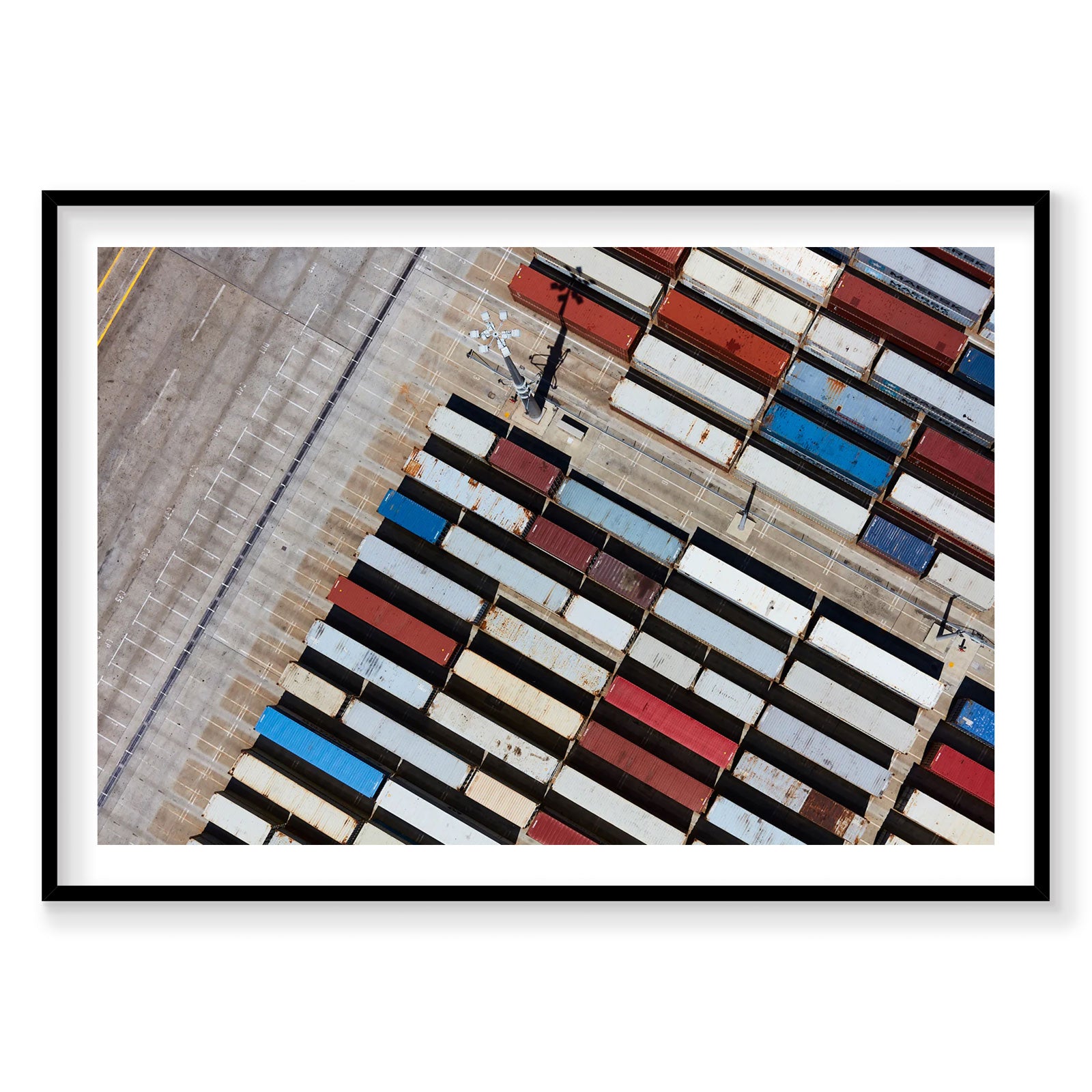 Aerial view of stacked shipping containers at Botany Bay port in colorful rows, photography print by Remy Gerega