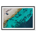 Aerial view of Rottnest Island eroded coastline with turquoise water and sandy beach, photography print by Remy Gerega