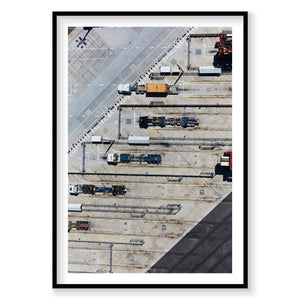 Aerial view of trams and vehicles at Botany Bay depot, Sydney, photography print by Remy Gerega