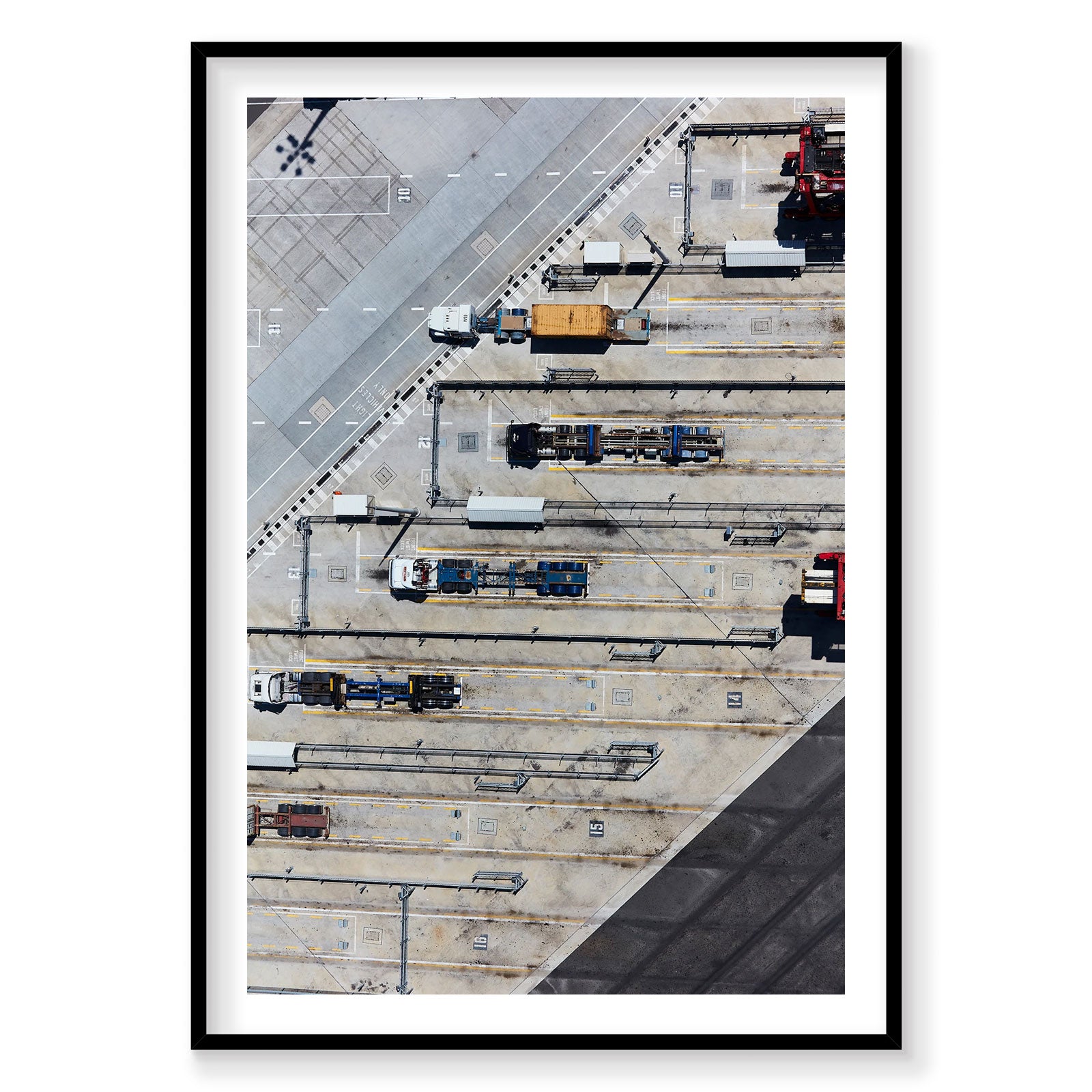 Aerial view of trams and vehicles at Botany Bay depot, Sydney, photography print by Remy Gerega