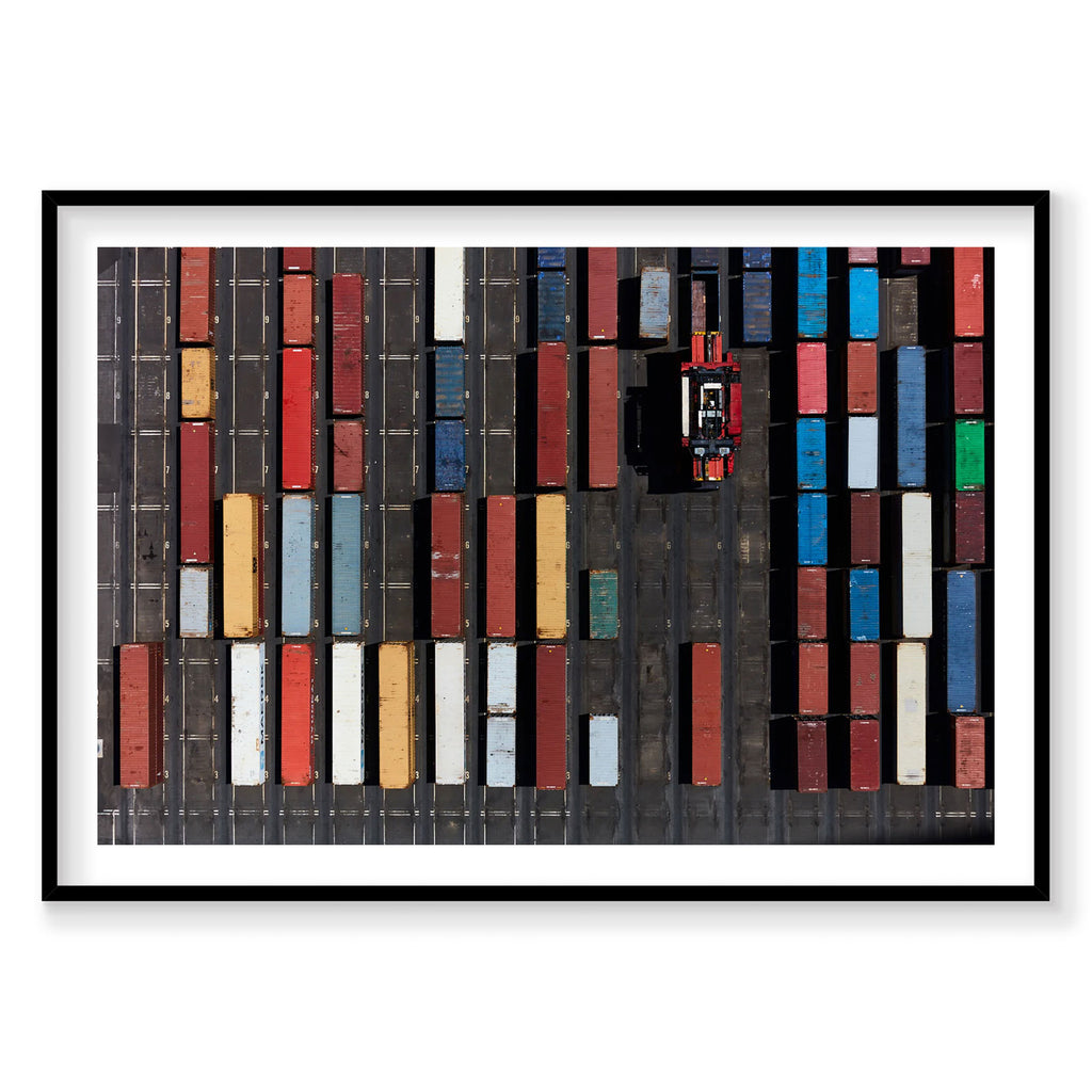 Aerial view of colorful shipping containers at Botany Bay port from above, photography print by Remy Gerega