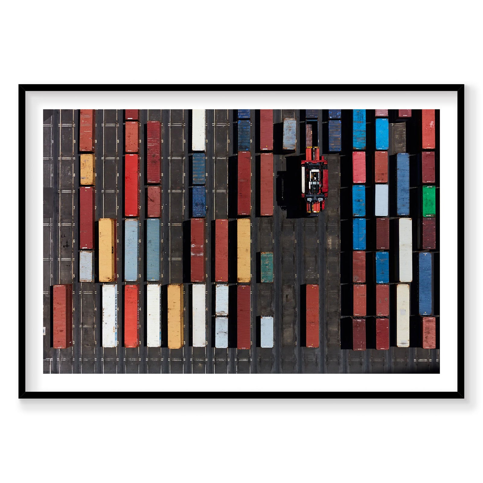 Aerial view of colorful shipping containers at Botany Bay port from above, photography print by Remy Gerega