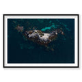 Aerial view of Gallop Island, Rottnest Island WA with turquoise waters and rocky outcrops, photography print by Remy Gerega