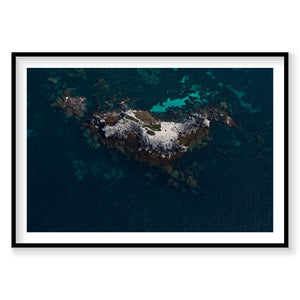 Aerial view of Gallop Island, Rottnest Island WA with turquoise waters and rocky outcrops, photography print by Remy Gerega