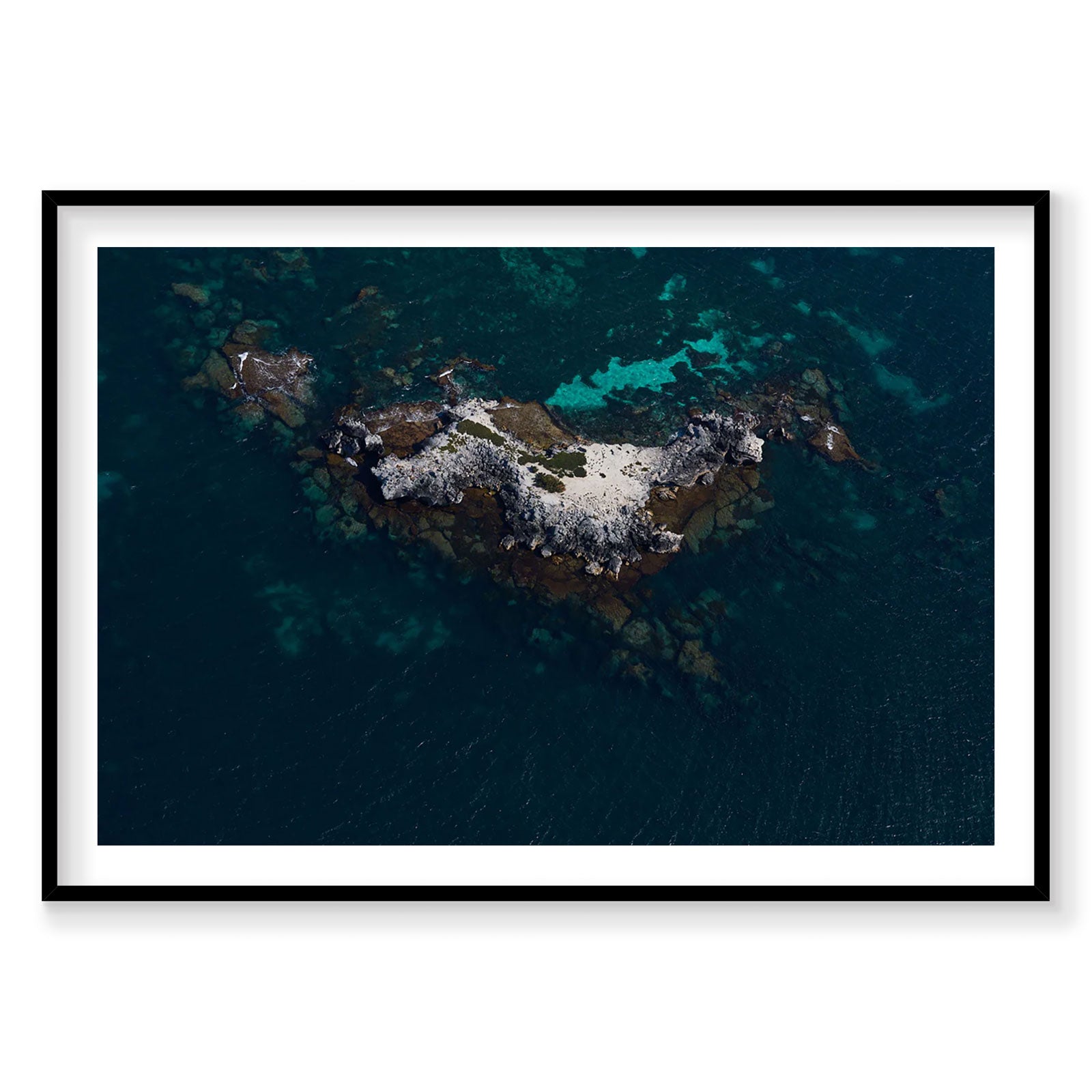 Aerial view of Gallop Island, Rottnest Island WA with turquoise waters and rocky outcrops, photography print by Remy Gerega