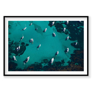 Aerial view of boats moored in turquoise waters at Rottnest Island, Western Australia, photography print by Remy Gerega