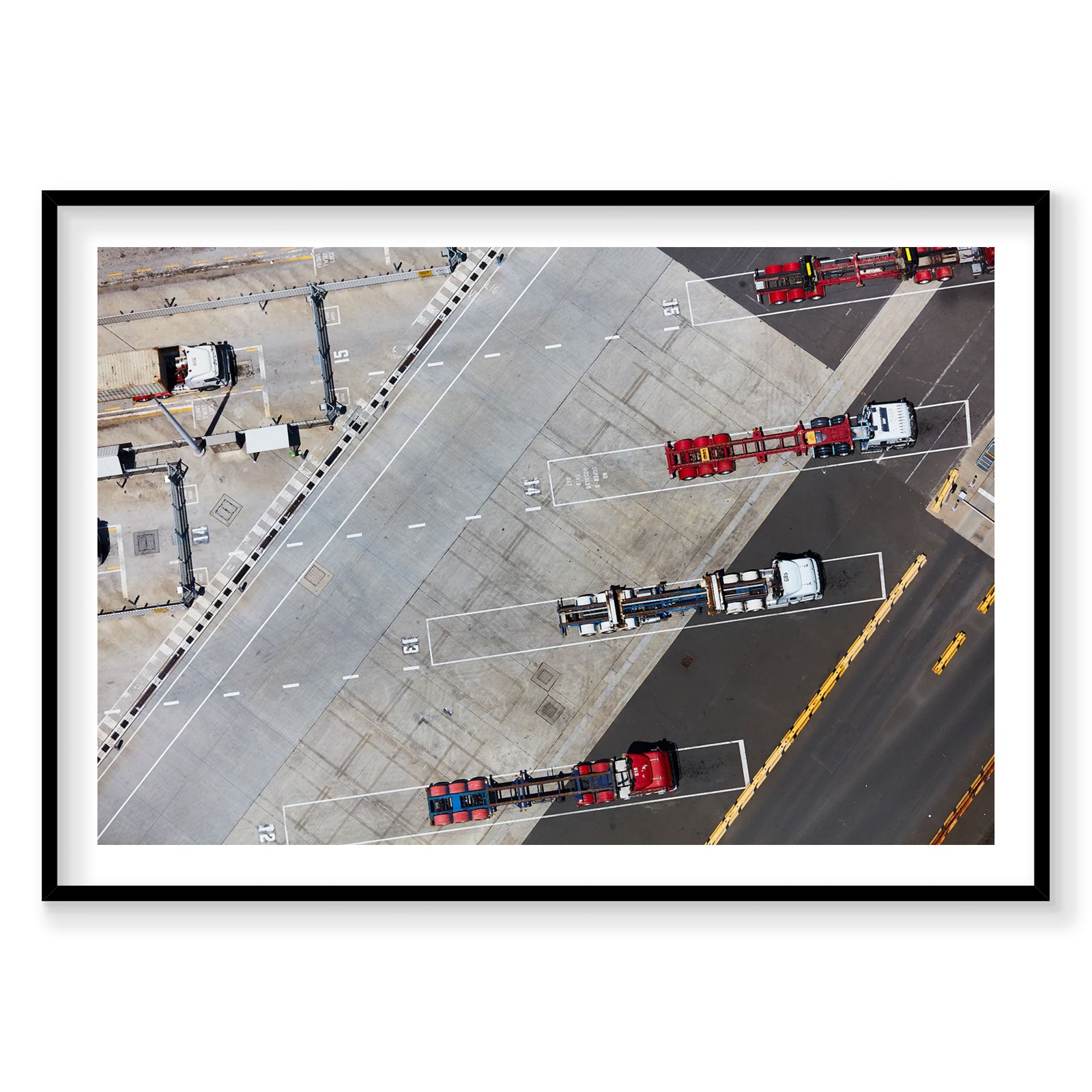 Aerial view of trucks and shipping containers at Botany Bay port, photography print by Remy Gerega