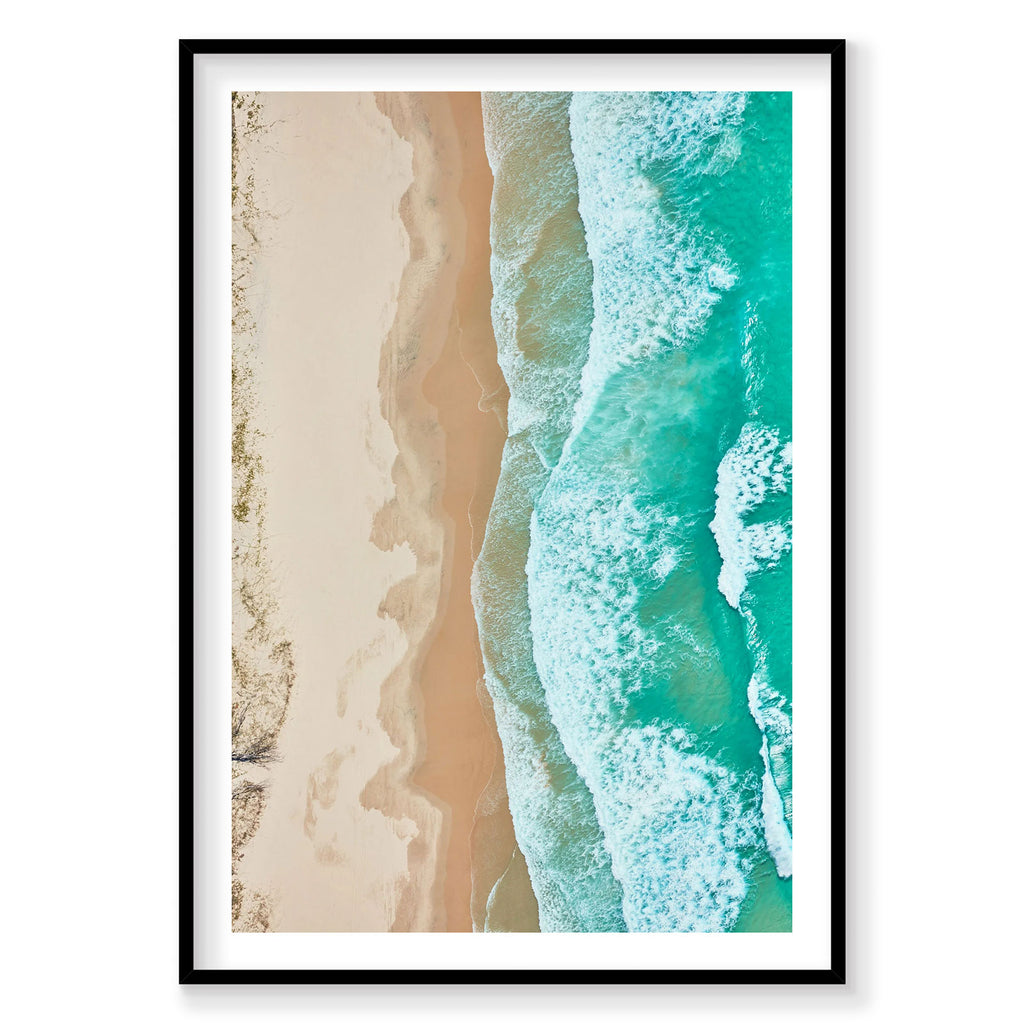 Aerial view of Byron Bay waves and sandy beach with turquoise ocean, photography print by Remy Gerega