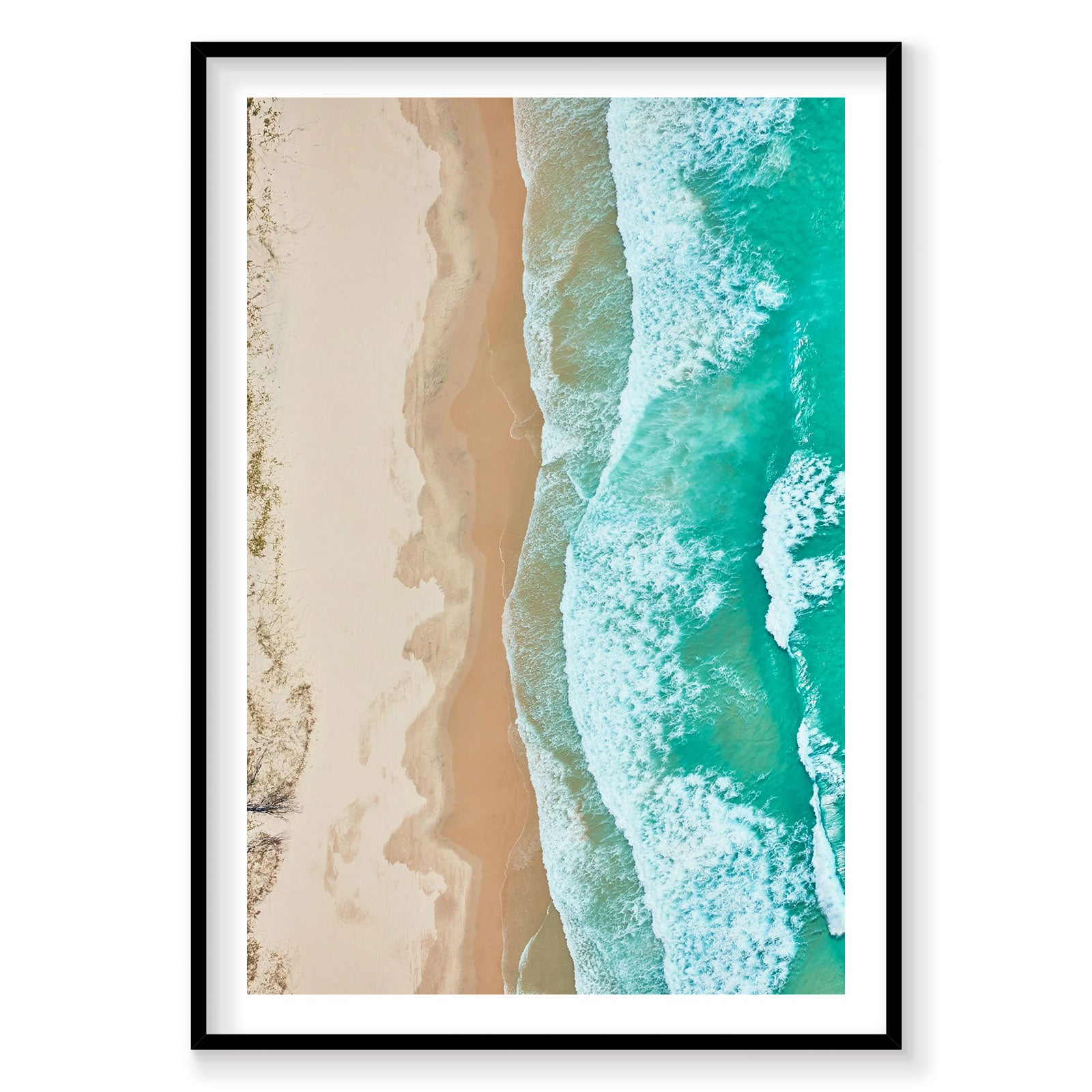 Aerial view of Byron Bay waves and sandy beach with turquoise ocean, photography print by Remy Gerega