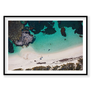 Aerial view of Hideaway beach Rottnest Island with turquoise water and white sand, photography print by Remy Gerega