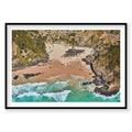 Aerial view of Oar Beach Byron Bay with turquoise waves and sandy cove, photography print by Remy Gerega