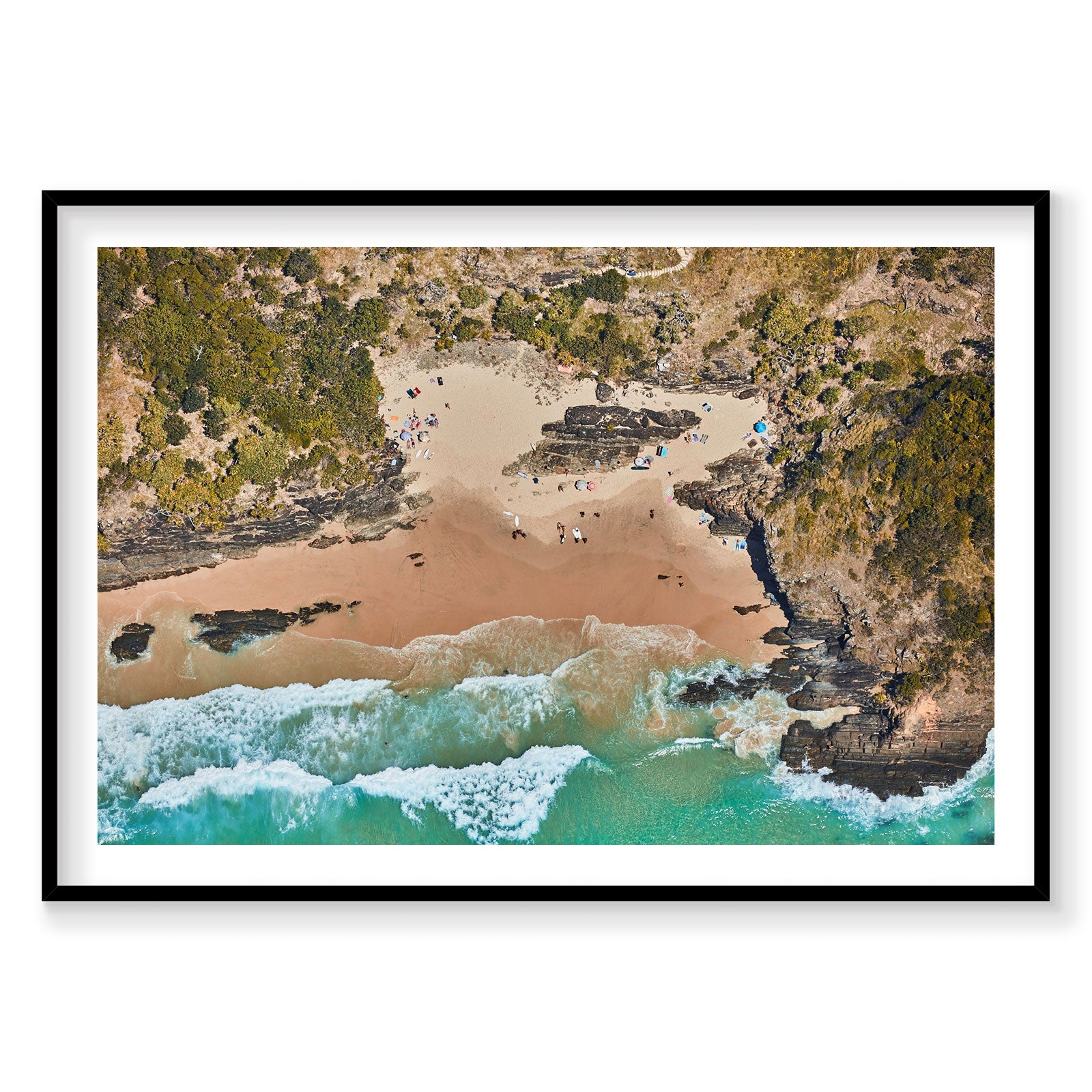Aerial view of Oar Beach Byron Bay with turquoise waves and sandy cove, photography print by Remy Gerega