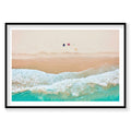 Aerial view of Byron Bay beach with turquoise waves, white foam, and colorful kites, photography print by Remy Gerega