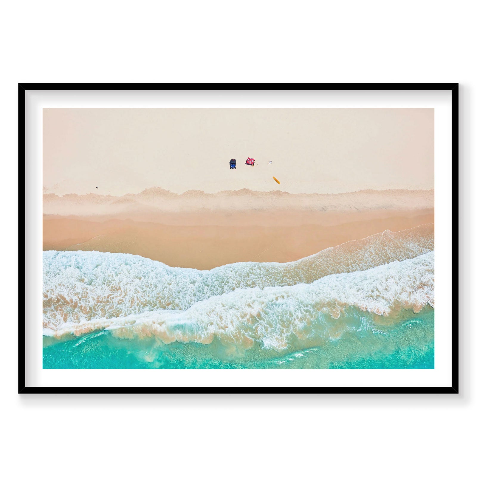 Aerial view of Byron Bay beach with turquoise waves, white foam, and colorful kites, photography print by Remy Gerega