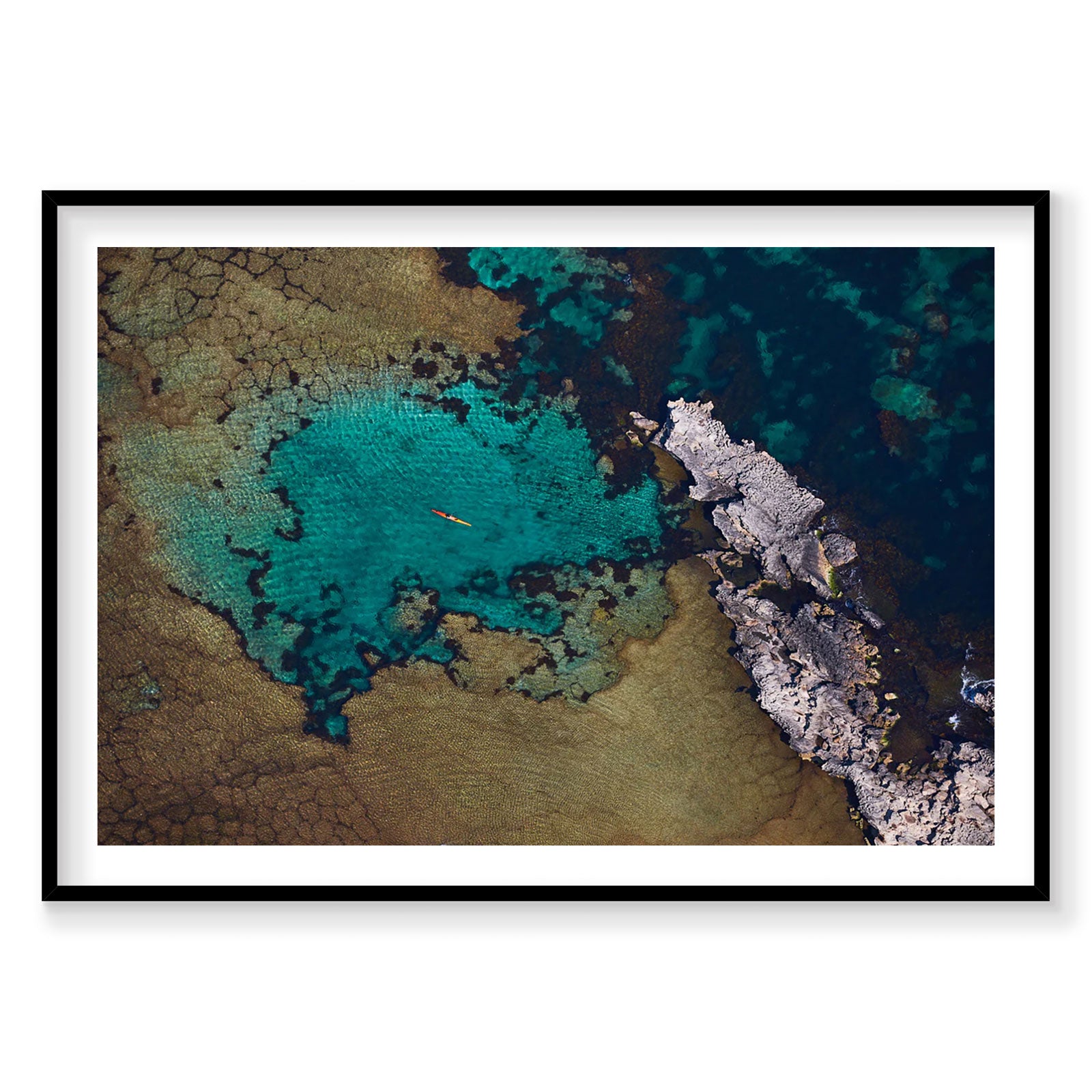 Aerial view of lone kayak in turquoise waters off Rottnest Island, WA, photography print by Remy Gerega