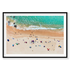 Aerial view of Tallows Beach Byron Bay with turquoise ocean and scattered beachgoers, photography print by Remy Gerega