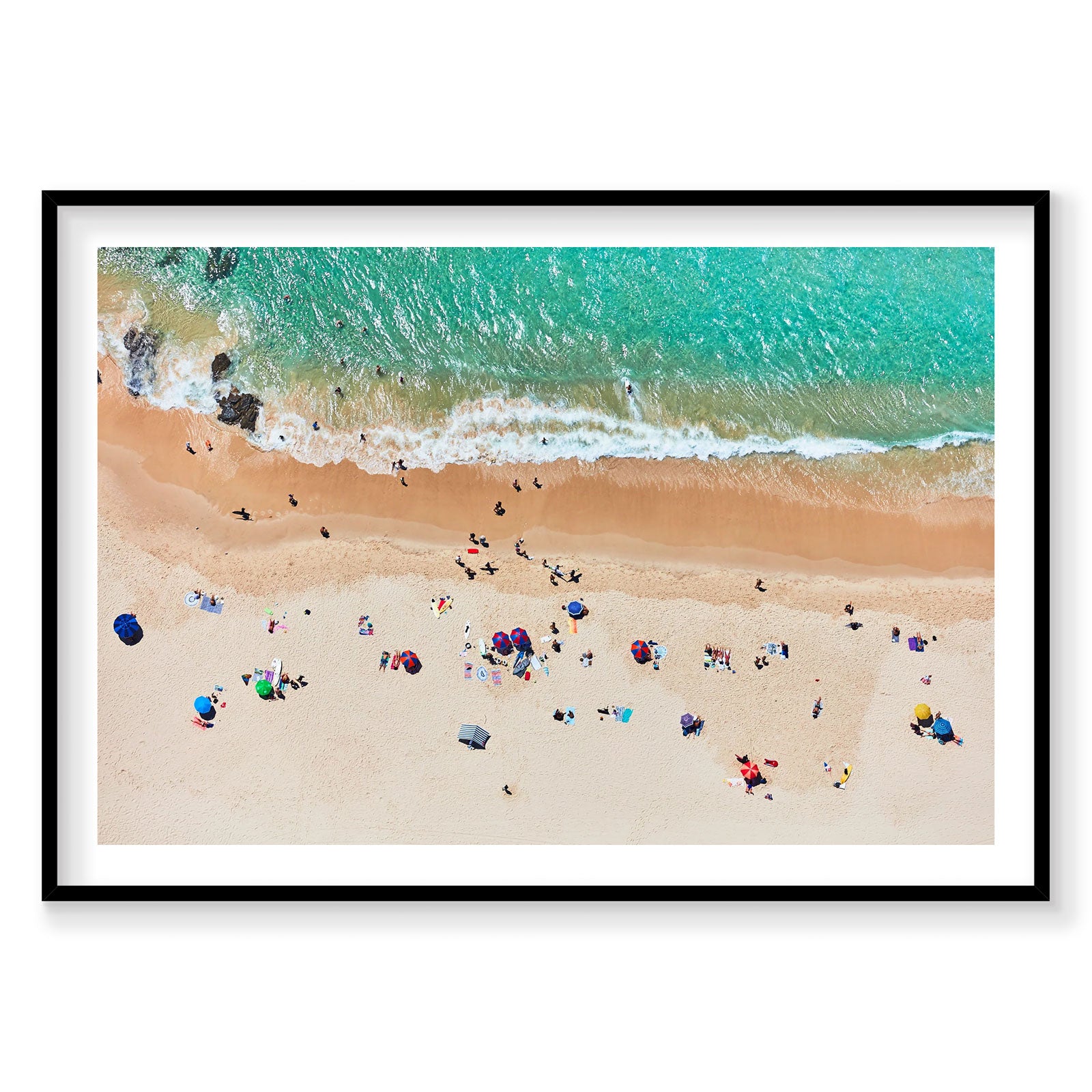 Aerial view of Tallows Beach Byron Bay with turquoise ocean and scattered beachgoers, photography print by Remy Gerega
