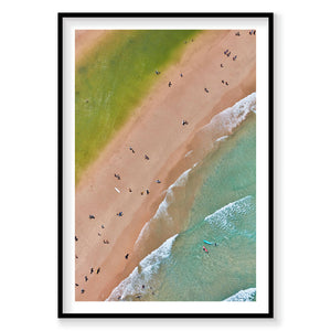 Aerial view of The Pass Byron Bay beach with swimmers and waves, photography print by Remy Gerega