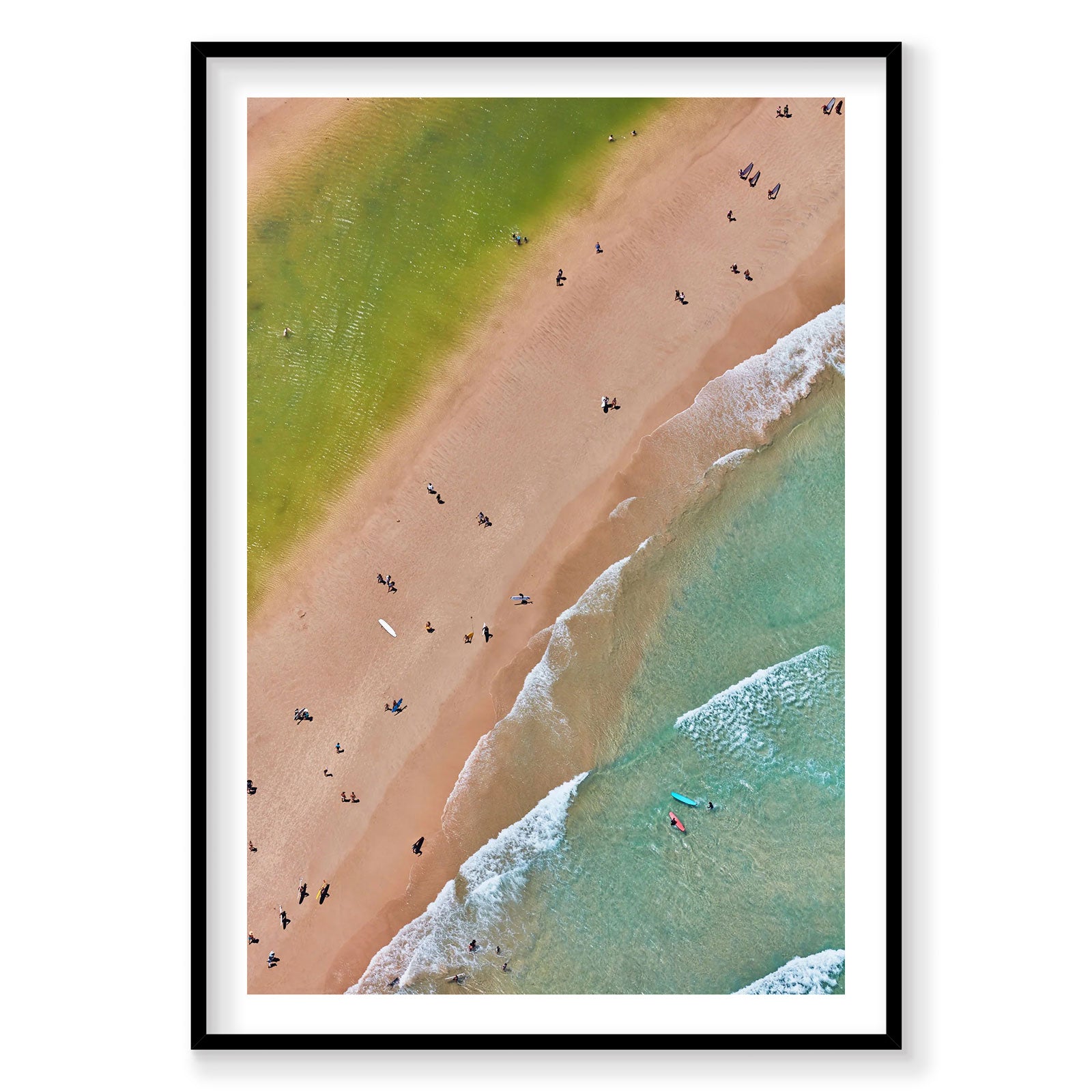 Aerial view of The Pass Byron Bay beach with swimmers and waves, photography print by Remy Gerega