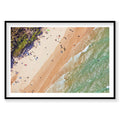 Aerial view of Main Beach Byron Bay with surfers and beachgoers, golden sand and turquoise waves, photography print by Rem...