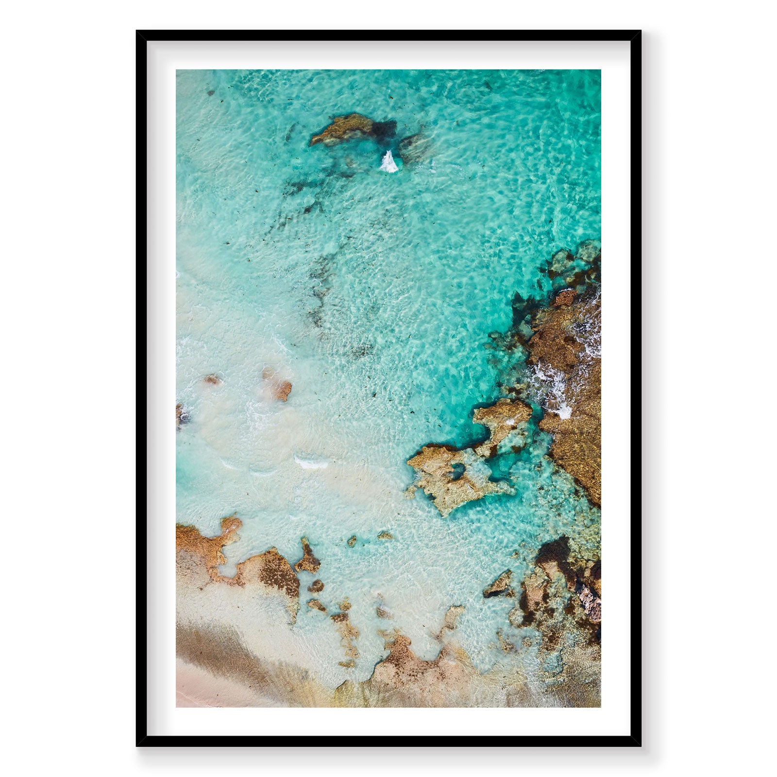 Aerial view of turquoise waters and rocky coastline at Rottnest Island Western Australia, photography print by Remy Gerega