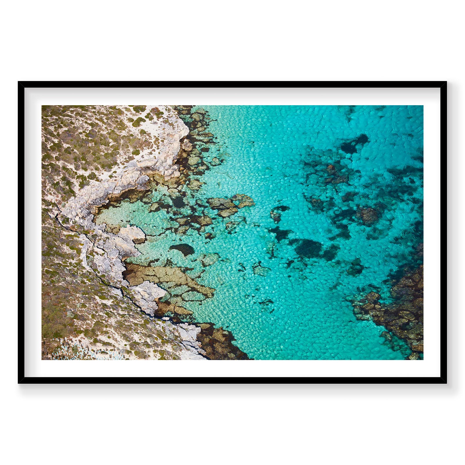 Aerial view of turquoise waters and white limestone cliffs at Rottnest Island Western Australia, photography print by Remy...