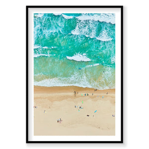 Aerial view of Tallow Beach Byron Bay with turquoise waves and scattered beachgoers, photography print by Remy Gerega