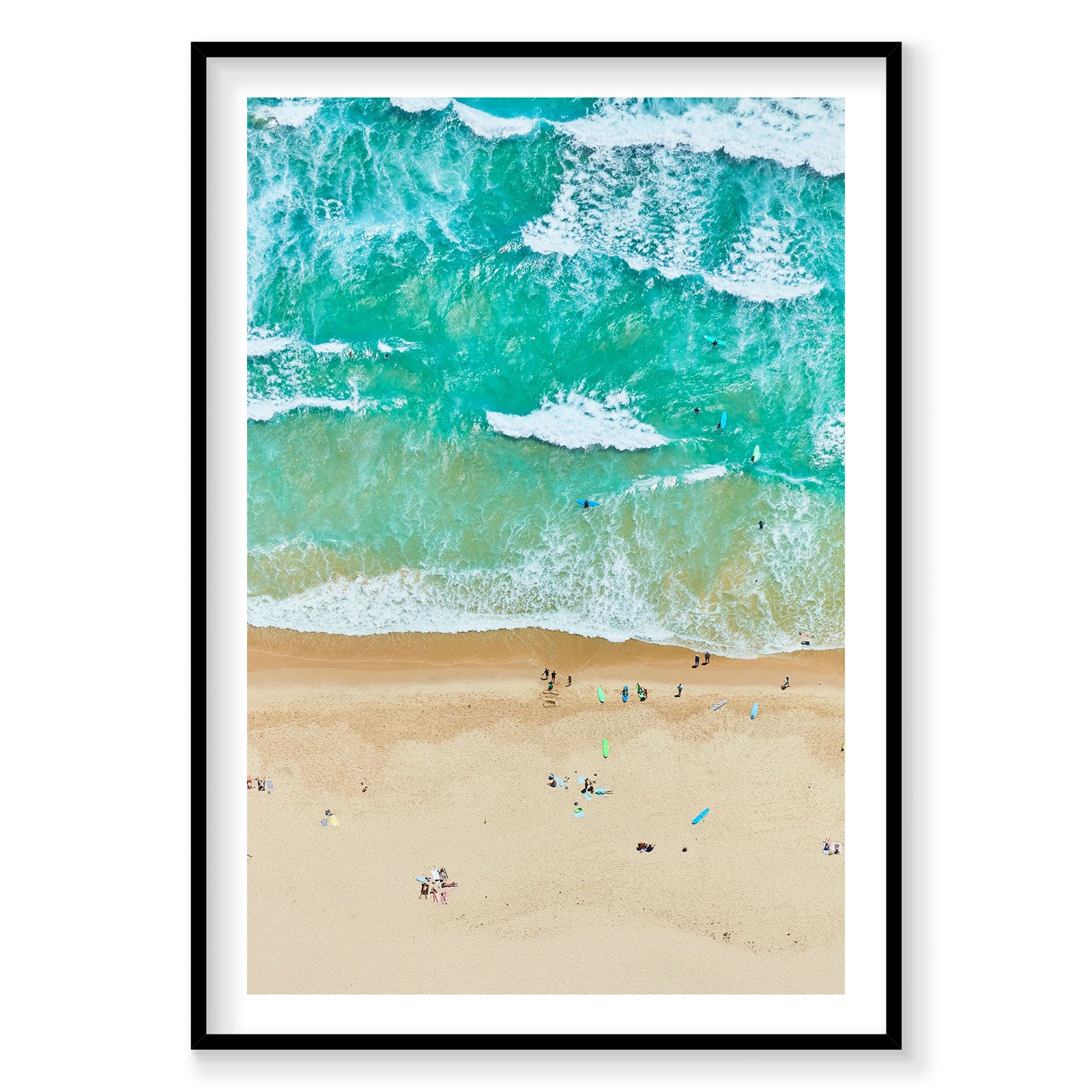 Aerial view of Tallow Beach Byron Bay with turquoise waves and scattered beachgoers, photography print by Remy Gerega