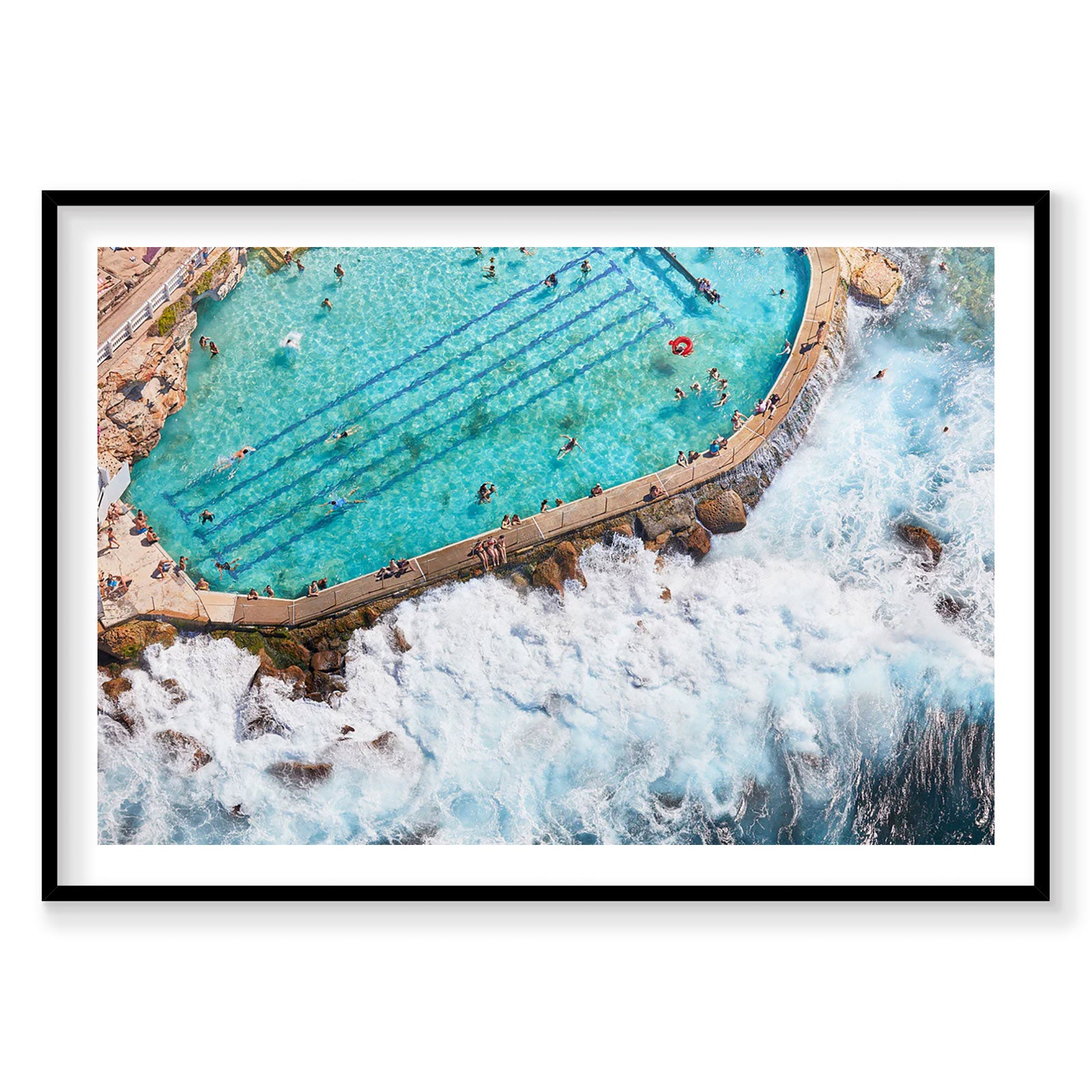 Bronte Baths ocean pool with turquoise water and crashing waves, aerial view, photography print by Remy Gerega