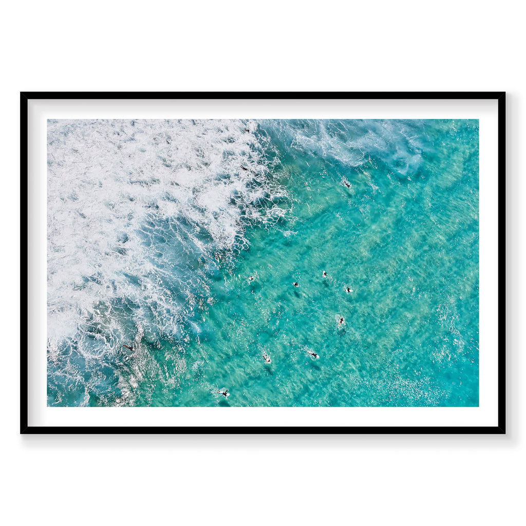 Aerial view of Tamarama surfers in turquoise ocean waves from above, photography print by Remy Gerega