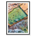 Aerial view of Coogee Ocean Pool with turquoise water and crashing waves, photography print by Remy Gerega