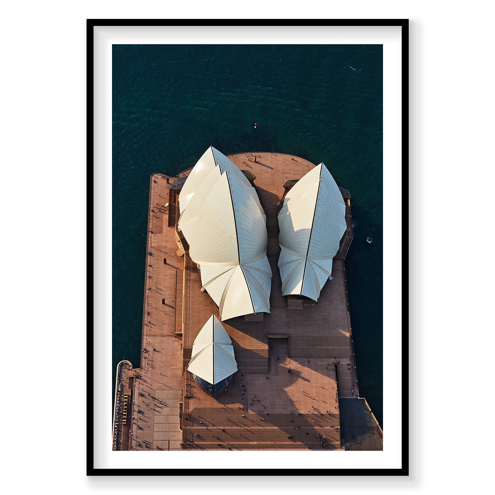 Aerial view of Sydney Opera House white shells and brown roof over teal water, photography print by Remy Gerega